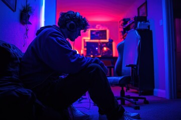 Teenage boy playing video games in a dark room illuminated by vibrant blue and red neon lights, wearing headphones and focused on the screen during intense gaming session