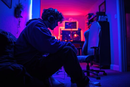 Teenage boy playing video games in a dark room illuminated by vibrant blue and red neon lights, wearing headphones and focused on the screen during intense gaming session