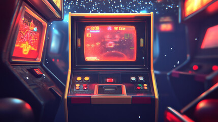 Retro arcade video game screen machine background. Vintage 80s computer console poster with joystick button template. Gamer interface with text element flyer design set. Isolated graphic illustration