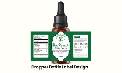 Stylish amber facial serum dropper bottle label design, featuring product branding, nutrition facts, and skincare benefits on a green background.
