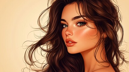 Fototapeta premium The beautiful portrait displays a lovely woman with flowing brown hair