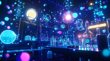 Nano technologies isometric landing page, electronic microscope, glass lab flask with pink liquid and neon glow processors in chemical laboratory, biotechnology science, research. 3d vector web banner