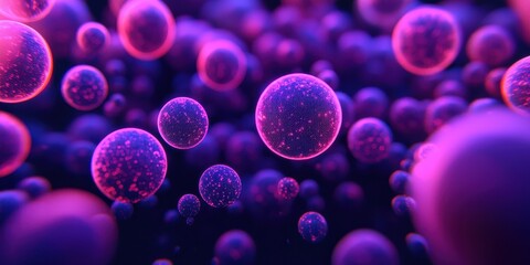 A vibrant, abstract depiction of floating cells against a dark background, illuminated in shades of purple and pink, evoking a sense of depth and science.