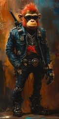 Fototapeta premium Monkey Biker: A cool monkey character, decked out in a leather jacket, sunglasses, and boots. An illustration of a primate with an adventurous and daring persona.