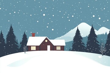 Cozy cabin nestled in snow-covered landscape during winter evening