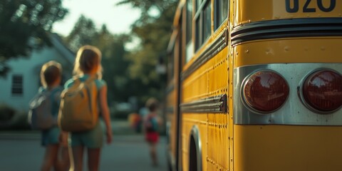 Students walking to school bus in suburban usa neighborhood at sunset