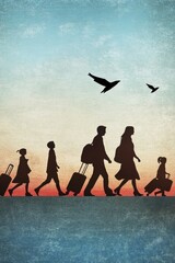 Obraz premium Family journeys toward hope as they cross a border with dreams of a better future
