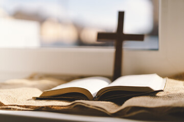 Reading the Holy Bible in home. Concept for faith, spirituality and religion. Peace, hope, dreams...