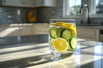 A glass of lemon cucumber water on a kitchen counter, a refreshing and healthy beverage, a vibrant and naturally flavored drink, summer refreshment.