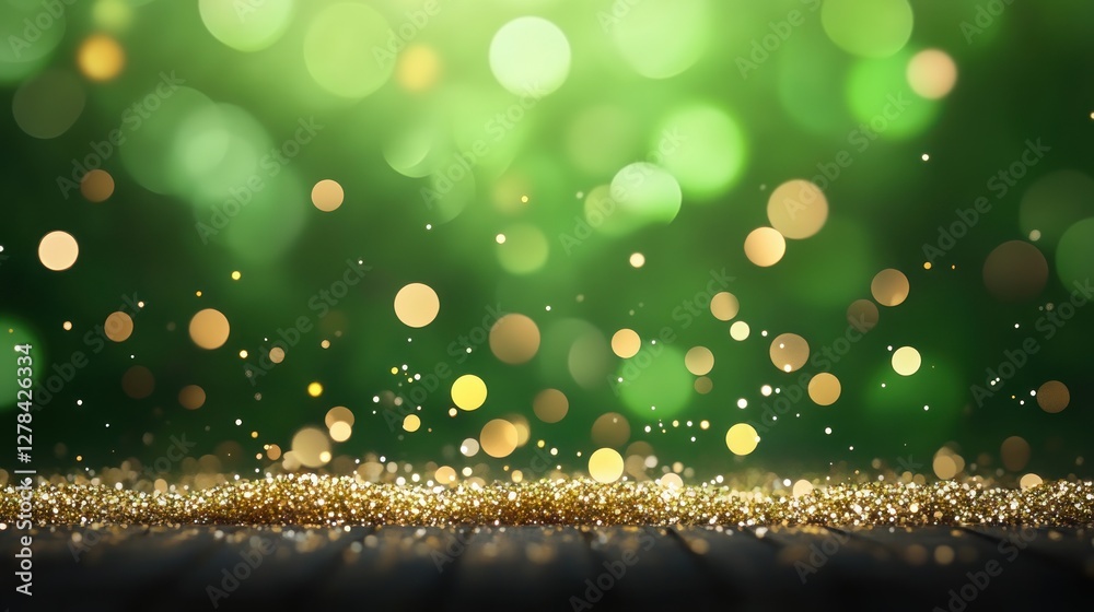 Poster glowing bokeh effect with glitter on wooden surface and green backdrop