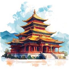 Majestic Asian Pagoda in Watercolor Style Tranquil Mountain Temple