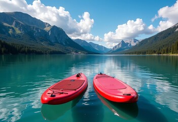 Picturesque Waterscape: Two Red SUP Boards Floating on Calm Water with Scenic Background, Offering Ample Text Space for Water Sports Equipment, Rentals, and Leisure Activities Advertising.

