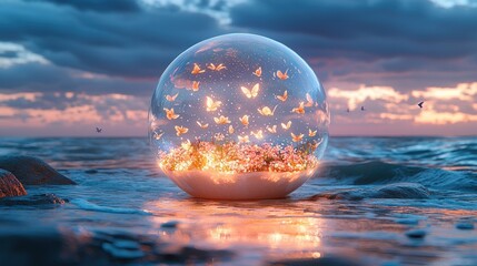 Enchanted Glass Sphere on the Seashore: A Dreamlike Sunset Scene