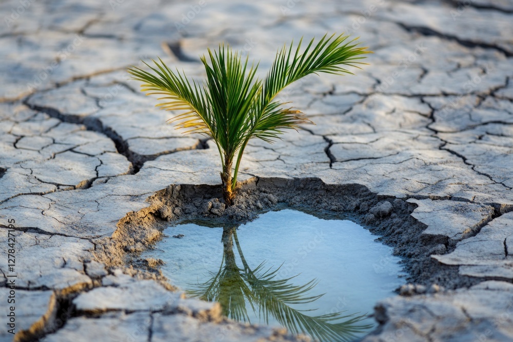 Poster a small palm tree sprouting from a crack in the earth, symbolizing resilience and growth