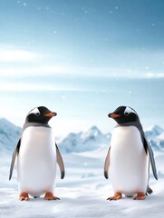 Fototapeta premium Penguins interacting in a snowy landscape wildlife photography arctic environment close-up view nature's beauty