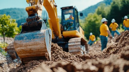 Obraz premium Excavator works diligently as team transforms construction site landscape