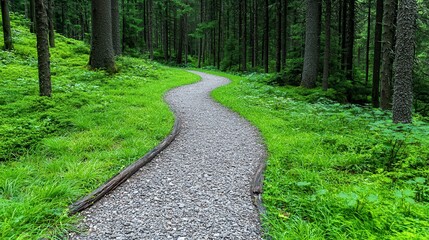 Fototapeta premium Lush green pathway stretching through a tranquil forest surrounded by towering trees and dense foliage