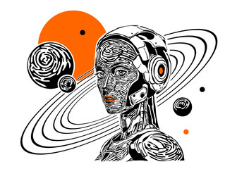 Cyborg girl in space, against the background of the sun and planets