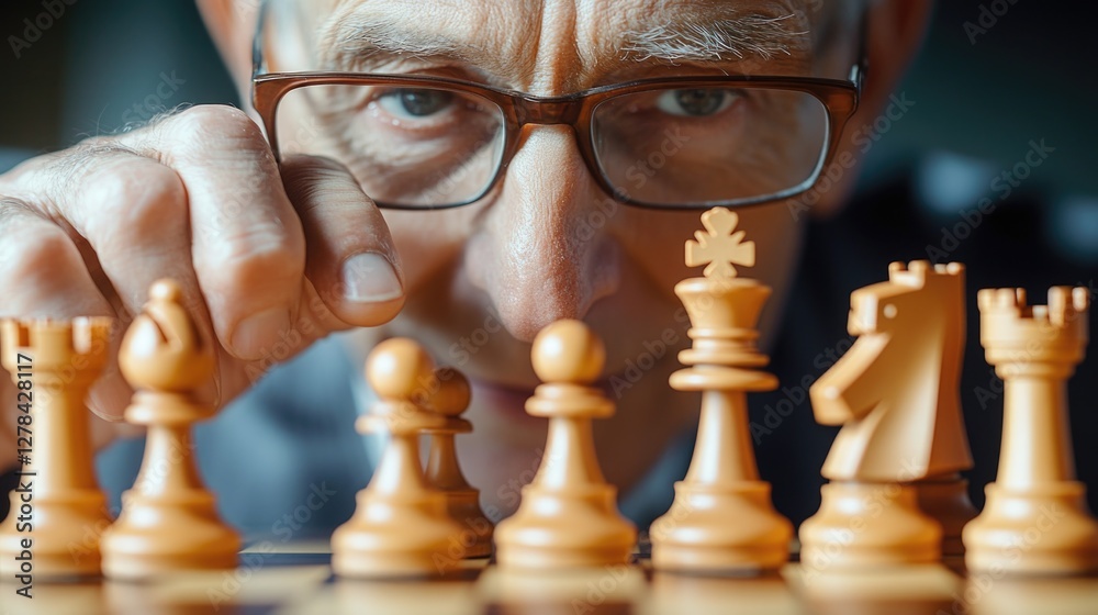 Poster a close-up shot of someone focusing on a game of chess