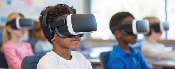 A group of children in a classroom wearing virtual reality headsets, engaged in an immersive learning experience.
