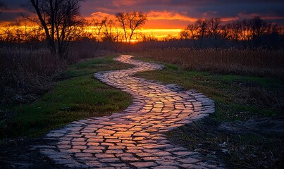An old brick path winds through the Iowa countryside at dusk