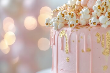 A detailed close-up of a pink drip cake topped with popcorn and gold edible decorations, creating a luxurious and festive dessert.