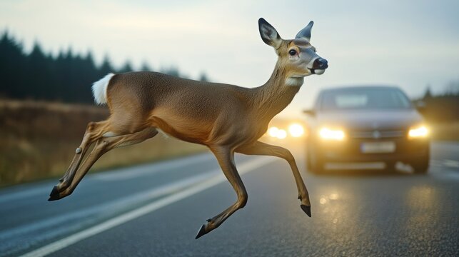 A deer suddenly appears and runs across the road in front of a moving car