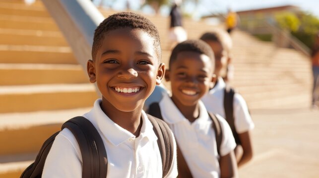 Happy school kids enjoy friendship on staircase during sunny day