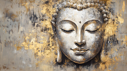 A golden Buddha face with closed eyes, smiling slightly

