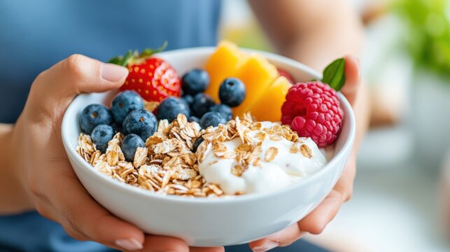 Healthy breakfast ritual with muesli and fresh fruit in home kitchen - Powered by Adobe