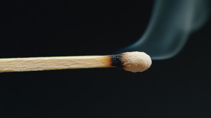 A lit matchstick stands upright, with a small plume of smoke gracefully rising from its tip. Dark background emphasizes the warm glow and delicate movement of the smoke