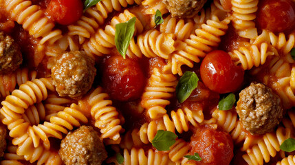 Twisted rotini pasta is topped with savory meatballs and fresh cherry tomatoes, all coated in a flavorful tomato sauce. Fresh basil leaves add a touch of color and aroma to the dish
