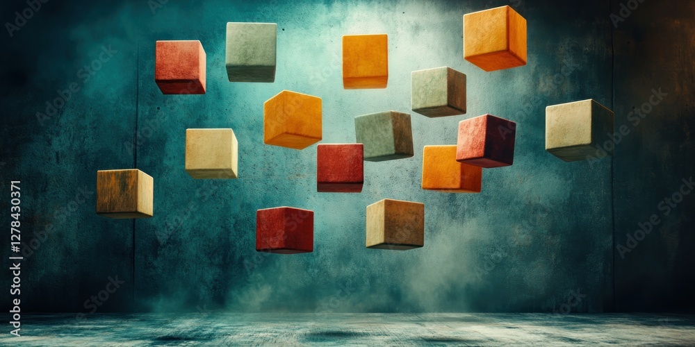 Poster Colorful Floating Cubes in a Mysterious Atmospheric Space
