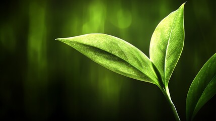 Fototapeta premium Two Vibrant Green Leaves Against a Dark Background