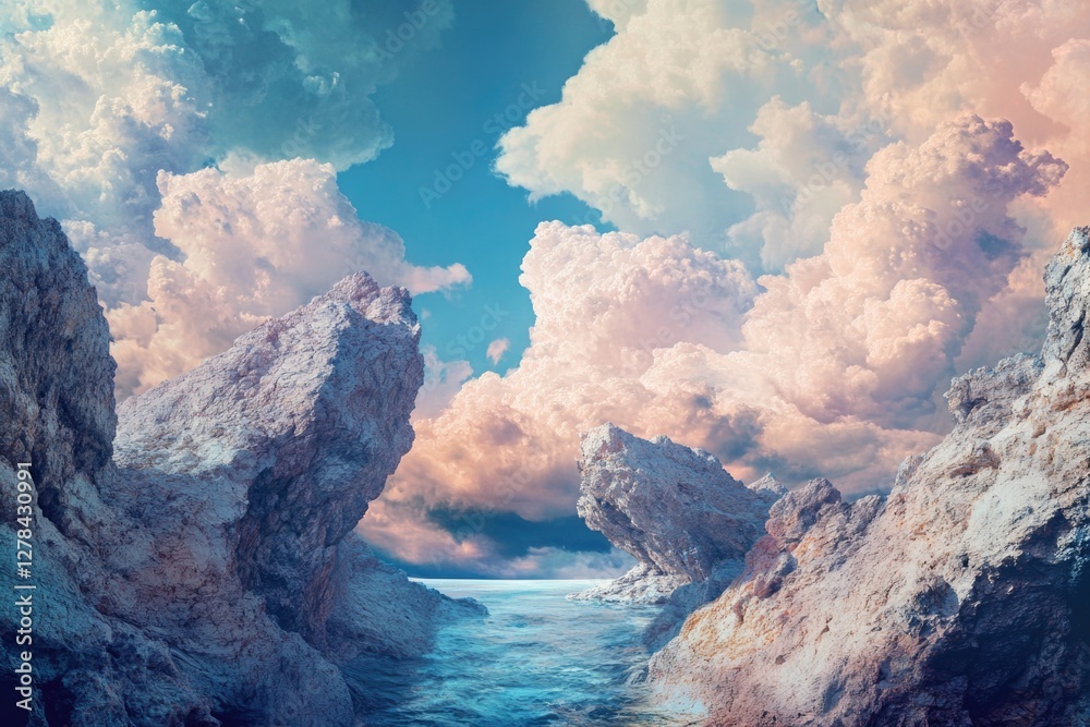 Poster a serene scene of a lake surrounded by rocks with calm waters