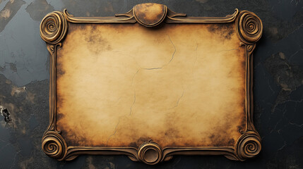 Richly designed with intricate carvings, this ancient scroll frame rests against a textured dark backdrop, evoking a sense of mystery and history awaiting discovery - obrazy, fototapety, plakaty