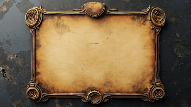 Richly designed with intricate carvings, this ancient scroll frame rests against a textured dark backdrop, evoking a sense of mystery and history awaiting discovery