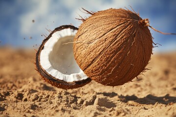 A half-eaten coconut sits atop a sandy beach, perfect for a tropical getaway or a relaxing day in the sun