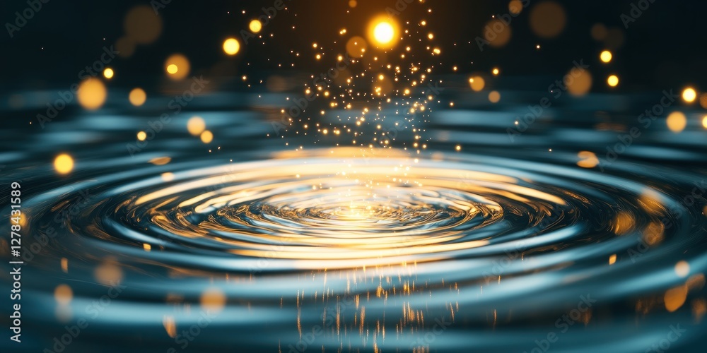 Poster glowing particles above calm water surface creating beautiful ripples