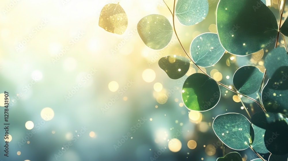 Poster lush green leaves with soft bokeh background and natural light