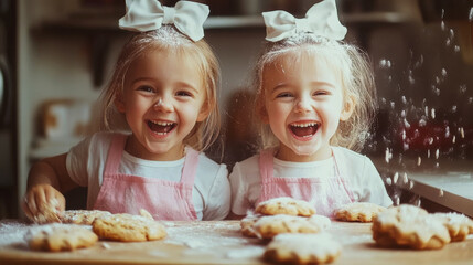 Two young girls with white bows and pink aprons smile while baking cookies in a kitchen. Concept of childhood joy and cooking fun. For family and culinary themes