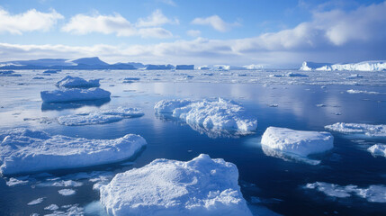 StunningAntarcticlandscapewithicebergsfloatingonacalm,blueoceanunderapartlycloudysky.