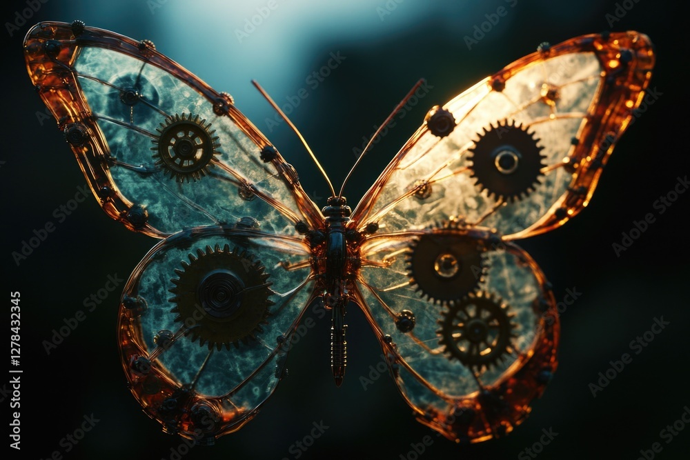 Poster close-up of a colorful butterfly with intricate gears on its wings