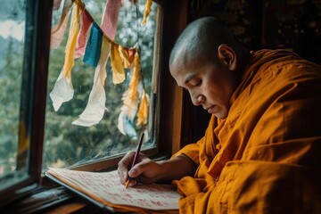 Fototapeta premium A monk sits at a desk with a window background, writing on a piece of paper