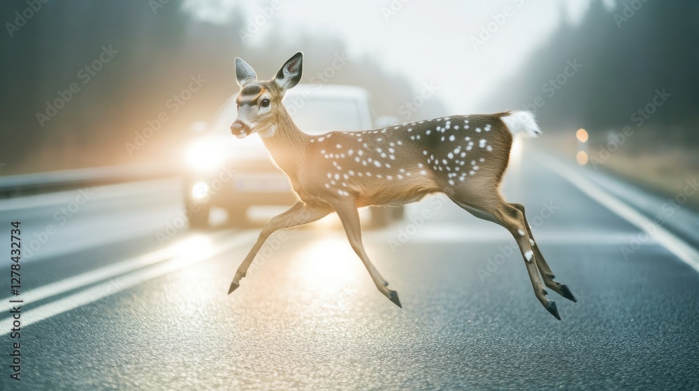 Poster a deer running along the side of a road, with a car passing by in the background