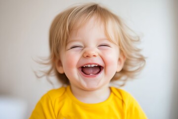 Naklejka premium Happy toddler with blonde hair laughing joyfully in bright yellow shirt at home during daylight