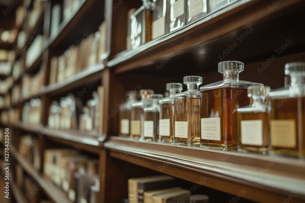 Poster A shelf filled with various perfume bottles