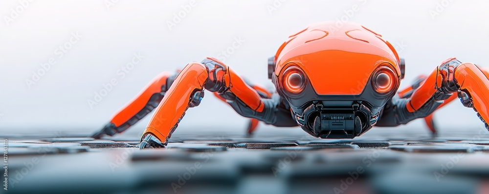 Poster futuristic robotic spider crawling on a high-tech surface