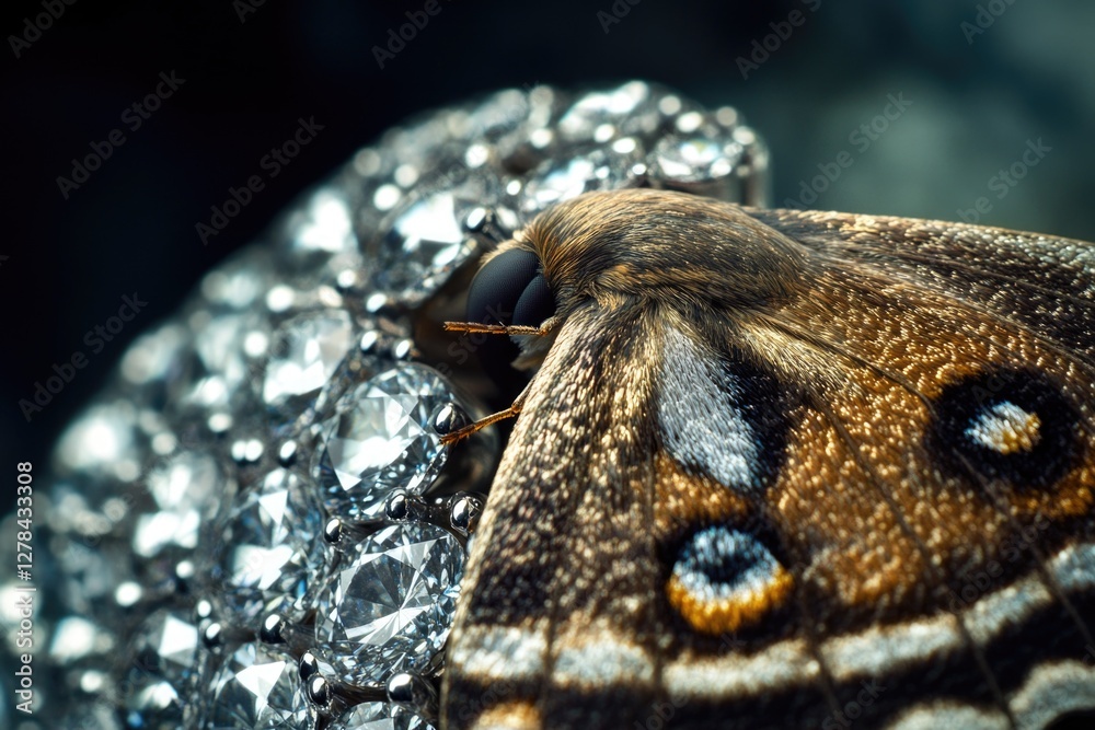 Poster a close-up shot of a moth sitting on a piece of metal, highlighting its unique features and textures