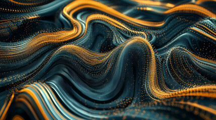 Abstract wavy flowing lines with dots, dark teal and golden color.